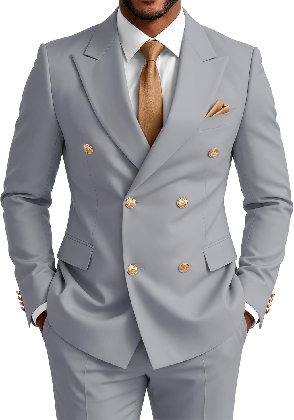 Double Breasted Suit Men Gold Button 2 Piece Slim Fit Suit for Mens Prom Tuxedo Peak Lapel Wedding Suits