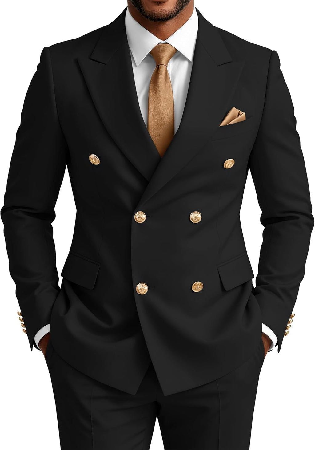 Double Breasted Suit Men Gold Button 2 Piece Slim Fit Suit for Mens Prom Tuxedo Peak Lapel Wedding Suits