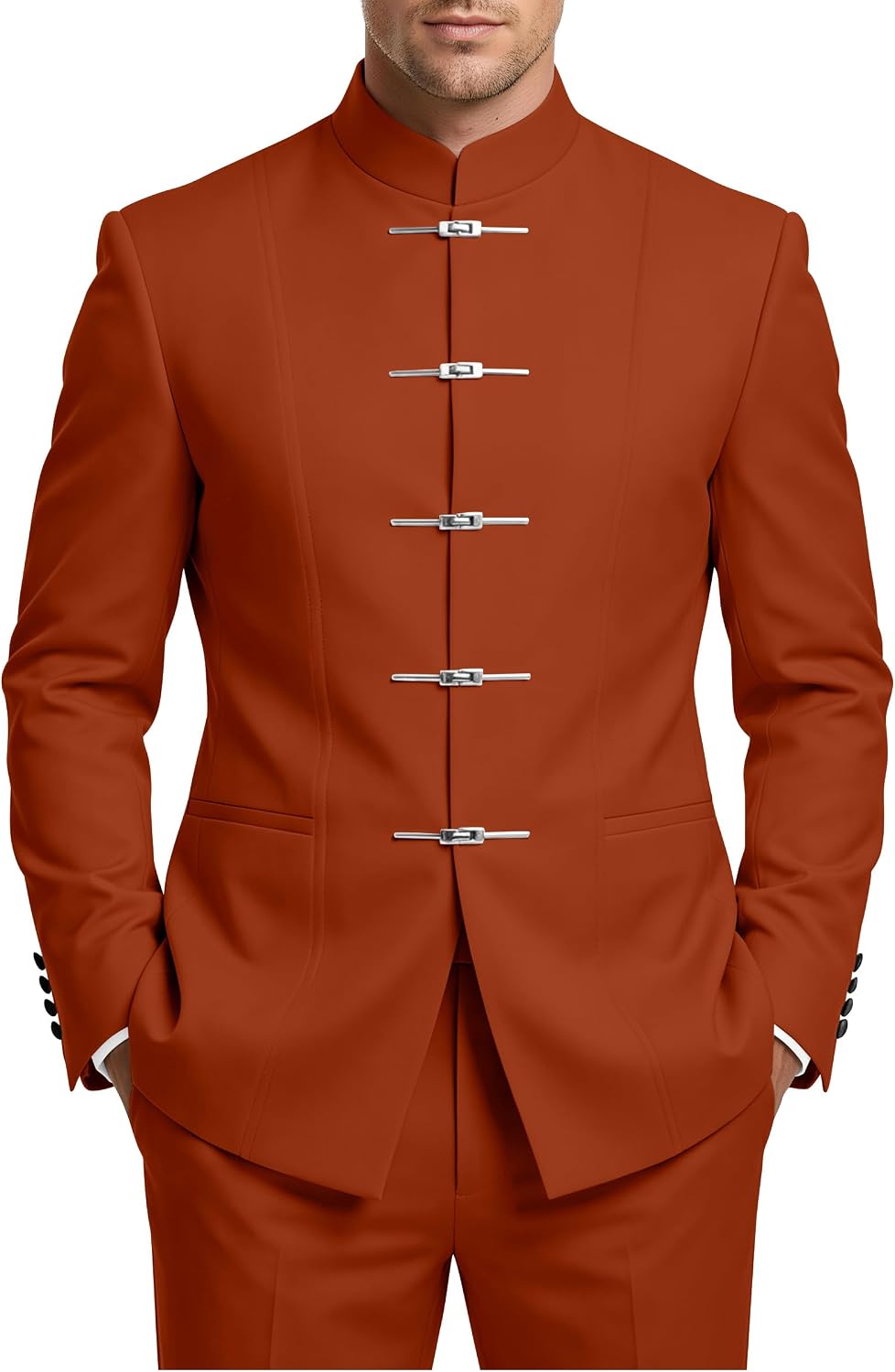 2 Piece Chinese Suits for Men Slim Fit Mandarin Collar Suit with Buckle Mens Wedding Suit for Prom Business