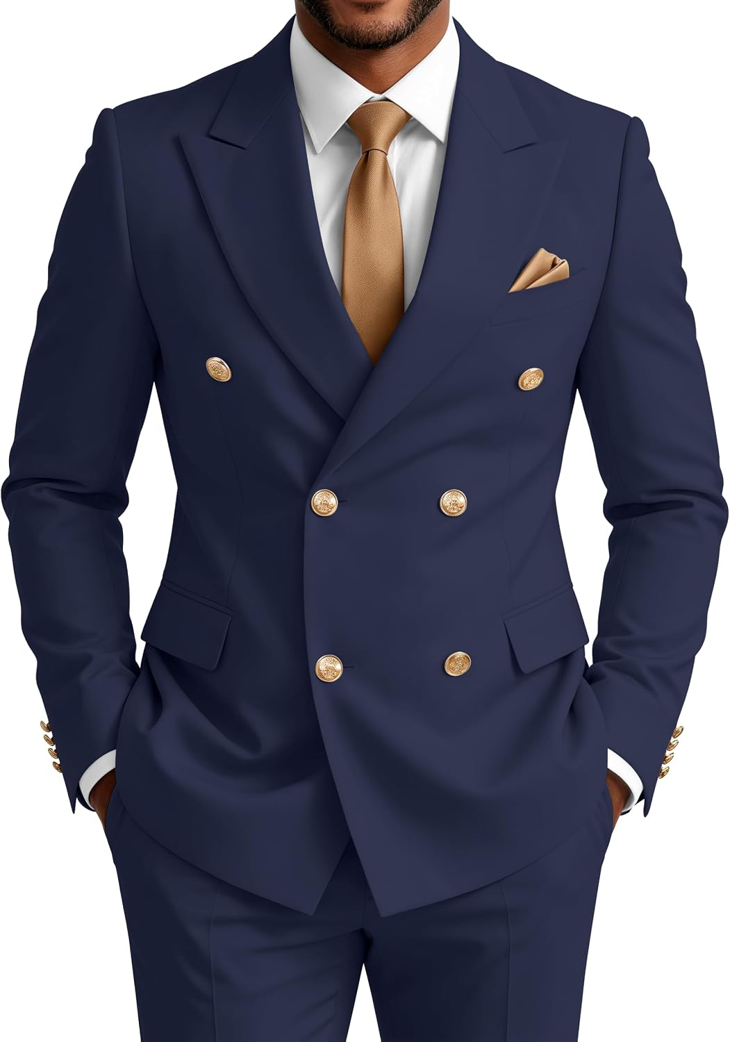 Double Breasted Suit Men Gold Button 2 Piece Slim Fit Suit for Mens Prom Tuxedo Peak Lapel Wedding Suits