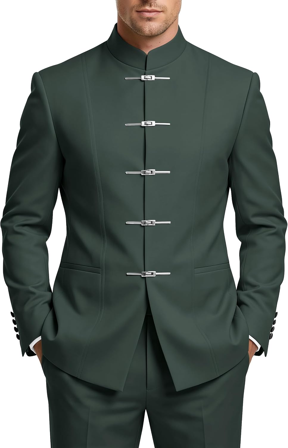 2 Piece Chinese Suits for Men Slim Fit Mandarin Collar Suit with Buckle Mens Wedding Suit for Prom Business