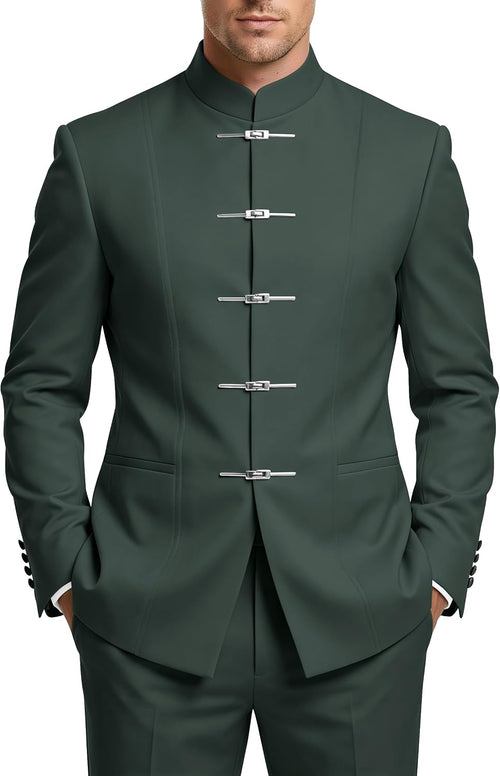 2 Piece Chinese Suits for Men Slim Fit Mandarin Collar Suit with Buckle Mens Wedding Suit for Prom Business