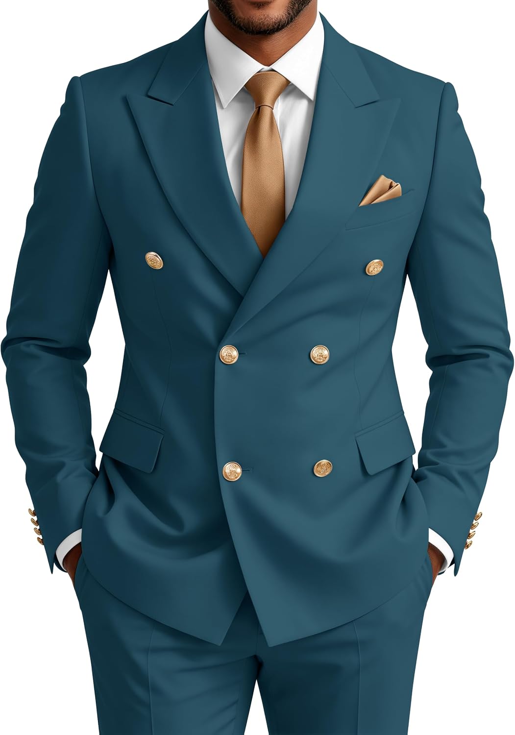 Double Breasted Suit Men Gold Button 2 Piece Slim Fit Suit for Mens Prom Tuxedo Peak Lapel Wedding Suits